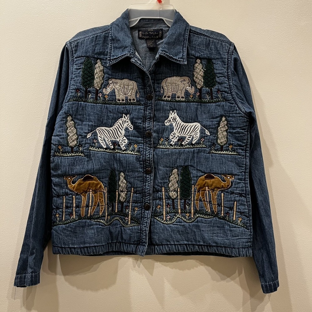 Vntg Life Style Denim Jacket Embroidered Animals 100% Cotton Made In India